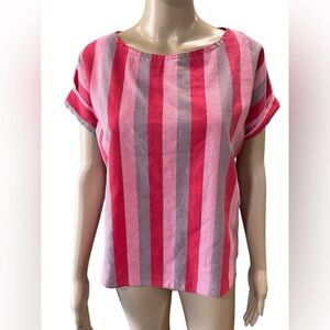 Pink and Gray cuffed sleeves candy Striped vintage Summer Women's Top-L